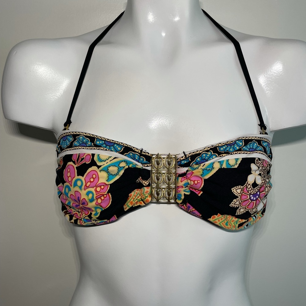 Trina Turk 🌺 Floral Swimsuit Bandeau Bikini Top Gold Accent Hardware Size 4